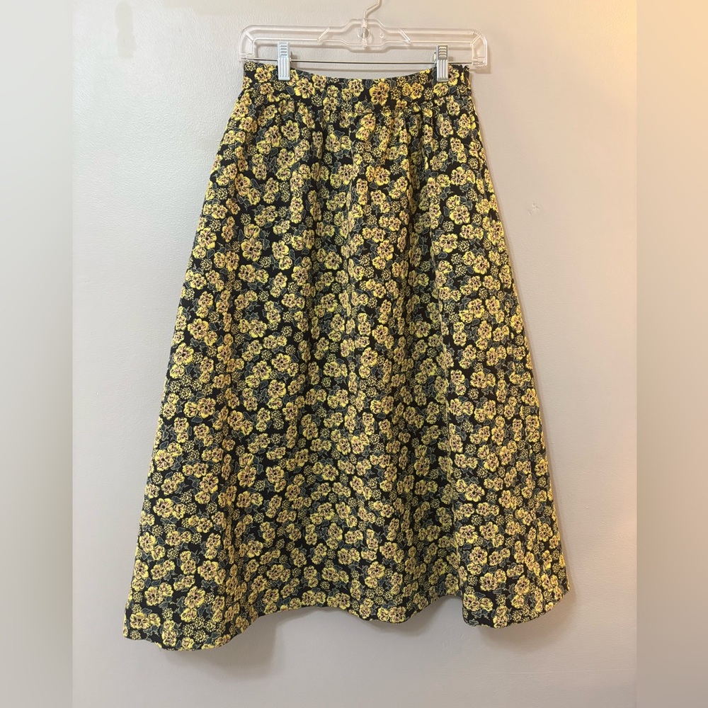 Anthropologie Black and Yellow Floral A-Line Skirt with Gathered Waist